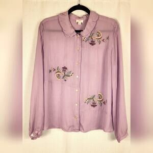 J. Jill Top Womens M Embroidered Long Sleeve Button Down light Purple fairycore